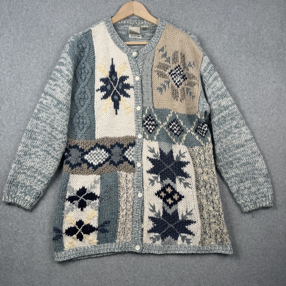 VTG Classic Elements Sweater Womens Medium Blue Patchwork Hand Knit Grannycore